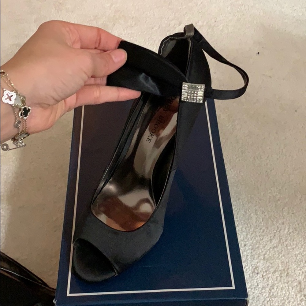 Peep toe black, satin-like heels